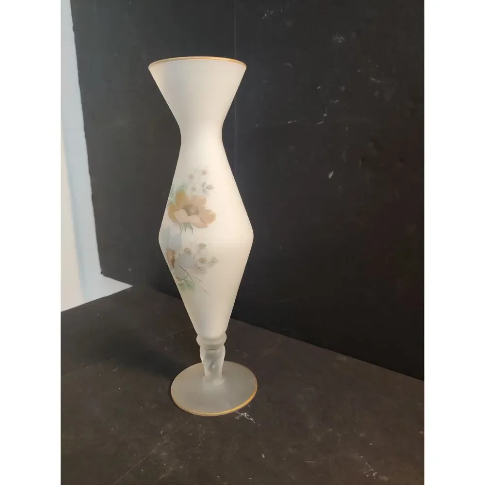 Vintage Frosted Satin Glass Hand Painted Floral Bud Vase Gold Trim